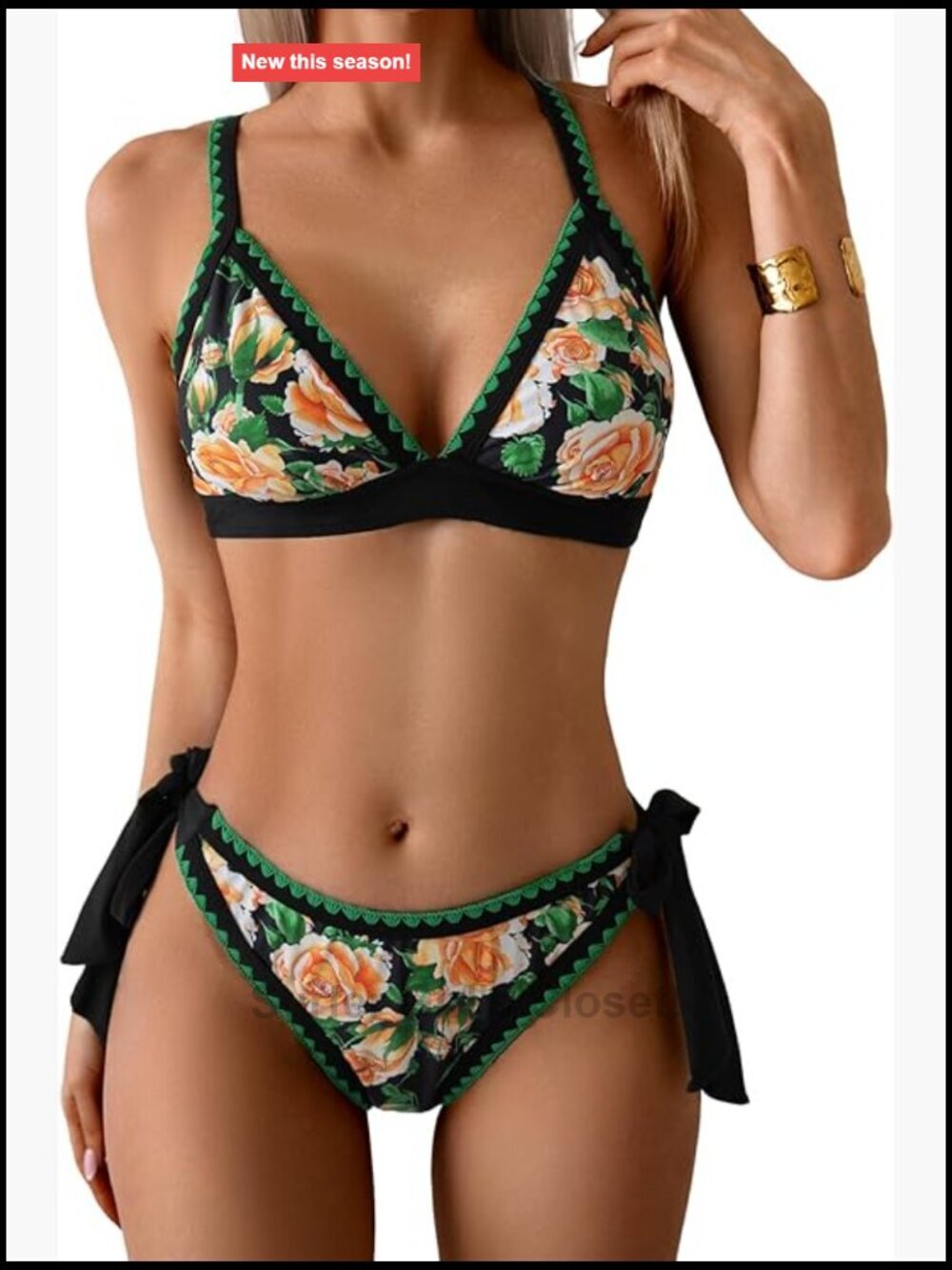 V Neck Shell Stitched Two Piece Bikini Set with Removable Pads Adjustable Straps